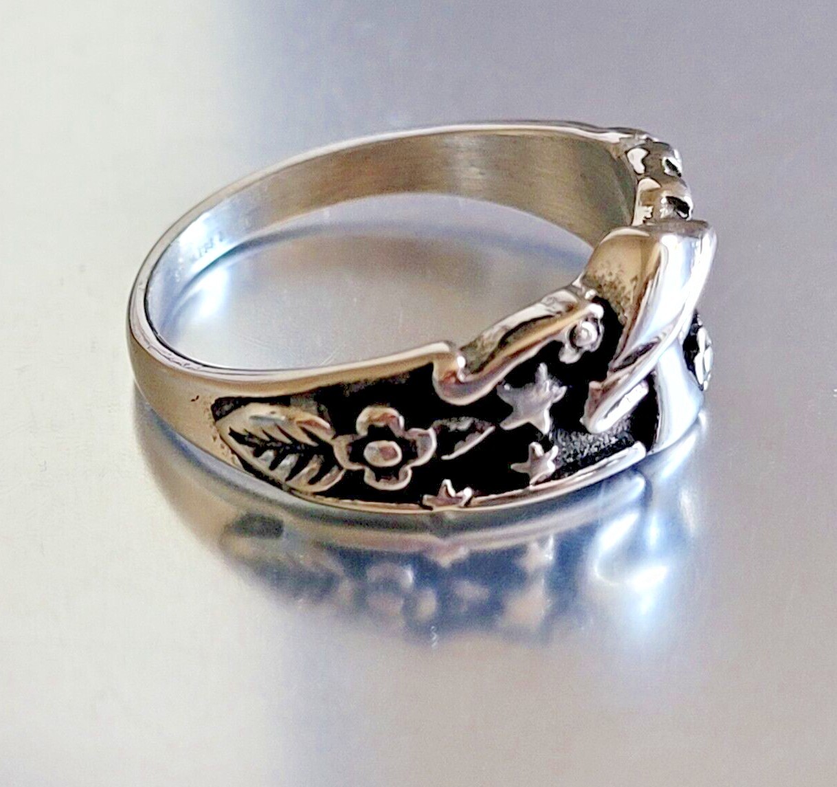 Stainless Steel Celestial Mushroom Ring Silver Finish Mushroom & Star Band Ring