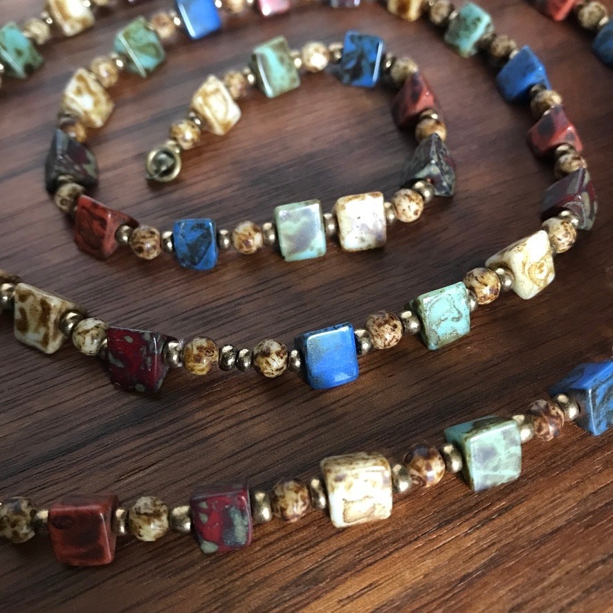 Artisan semiprecious mixed agate colorful beaded long necklace appr. 30″
