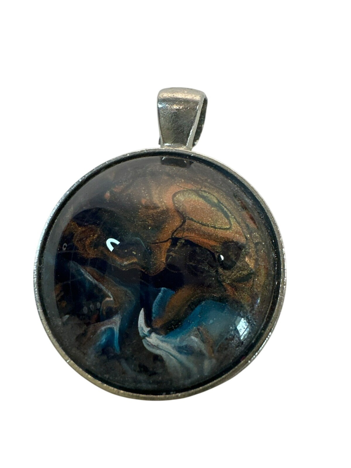 Round Pendant Resin Abstract Necklace Silver-Tone Metal Boho Wearable Art