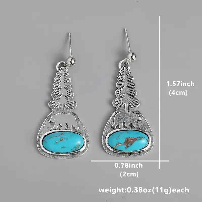 BEAR PAW TREE FANCY FOX SILVER TURQUOISE EARRINGS WESTERN SOUTHWEST Easter