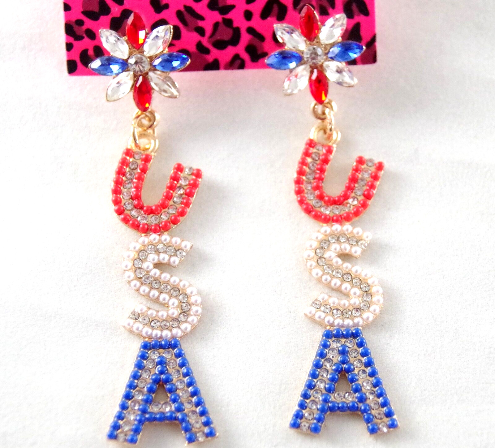 3″ BETSEY JOHNSON PATRIOTIC USA RED WHITE & BLUE RHINESTONE DROP DANGLE EARRINGS