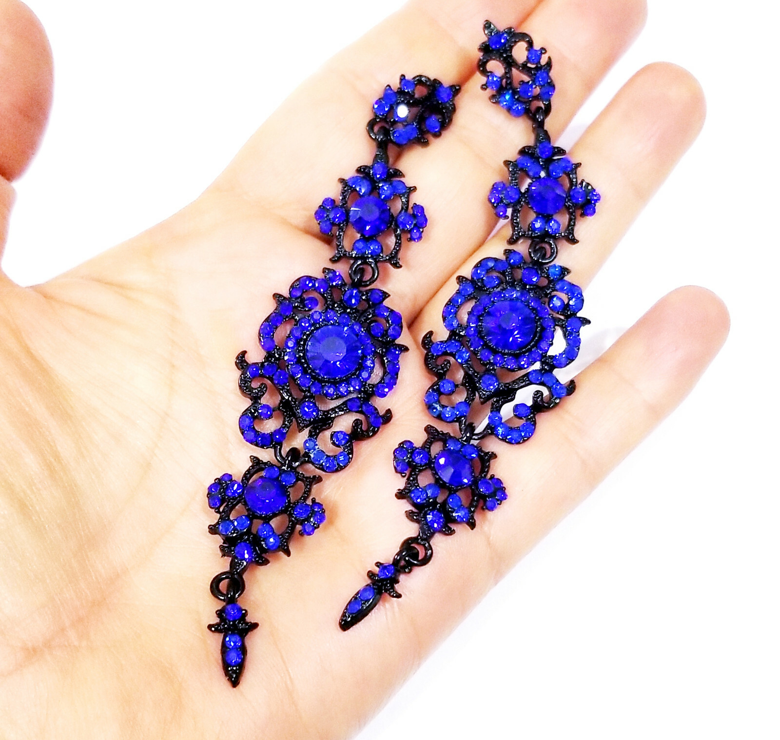 Blue Rhinestone Chandelier Drop Earrings Pageant Drag Prom Bridal Jewelry 4.2 in