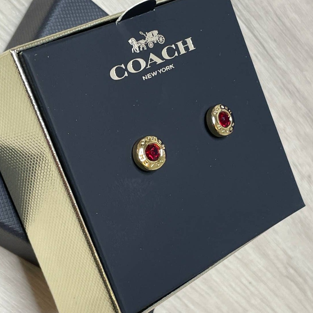 Coach Open Circle Red Stone Strand Earrings Boxed Red/ Gold tone