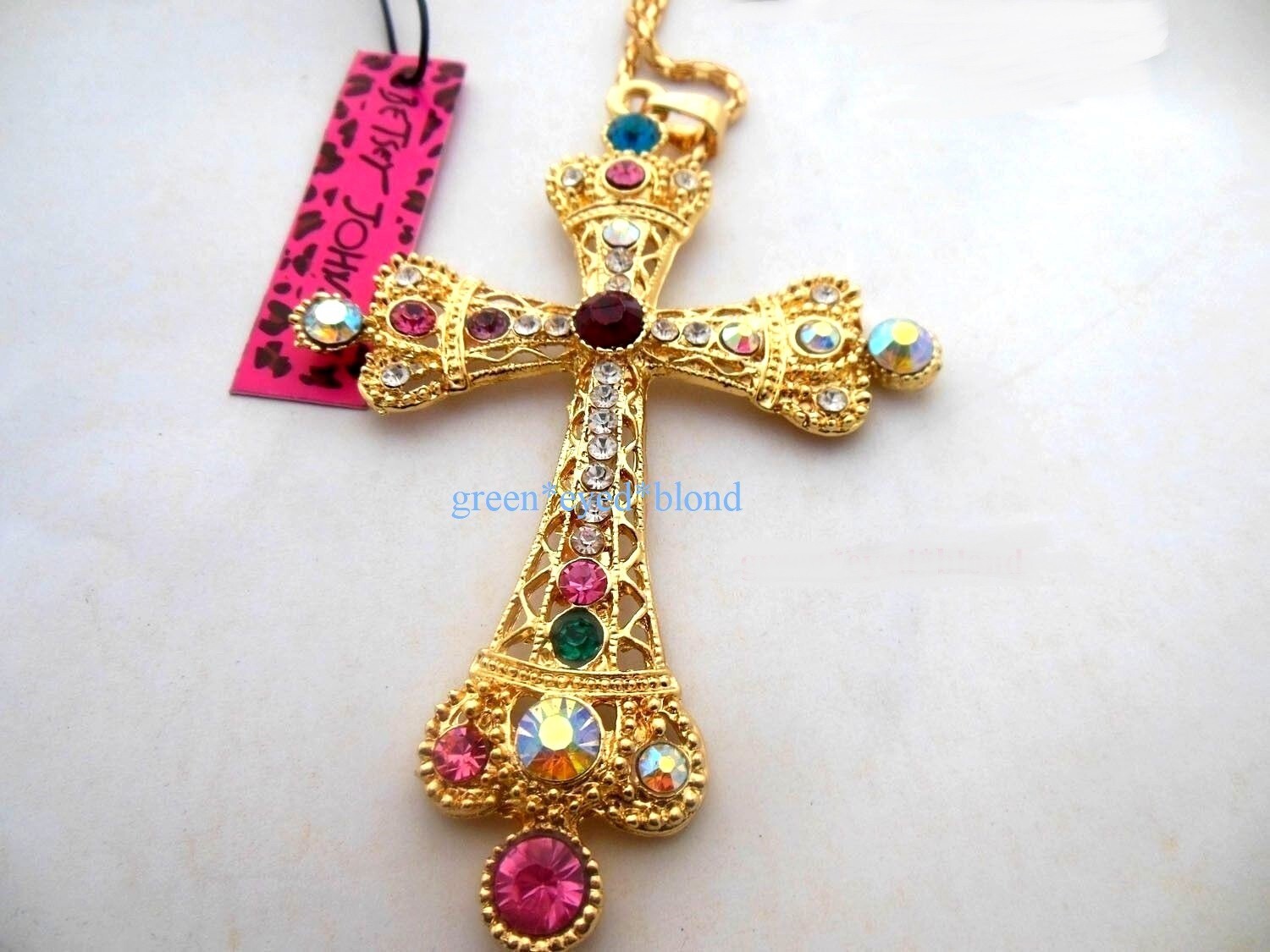 Betsey Johnson Gold Multicolor Crystal Cross Necklace/Pin NWT Blue Pink Green