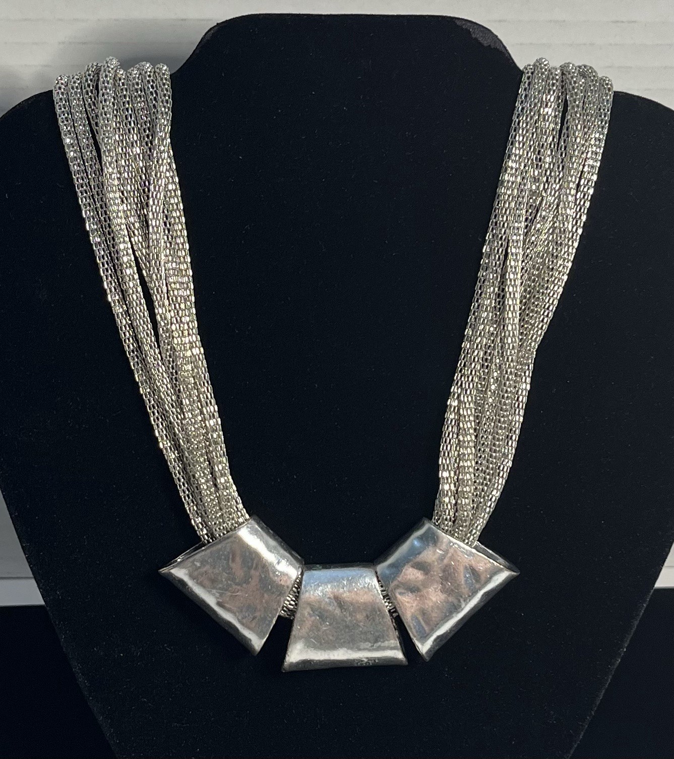 Silver-Toned Statement Necklace Multi-Strand Mesh Chains Trapezoid Pendants