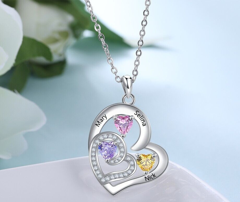 Personalized Engraved Double Heart Pendant Necklace 3 Names + 3 Birthstones