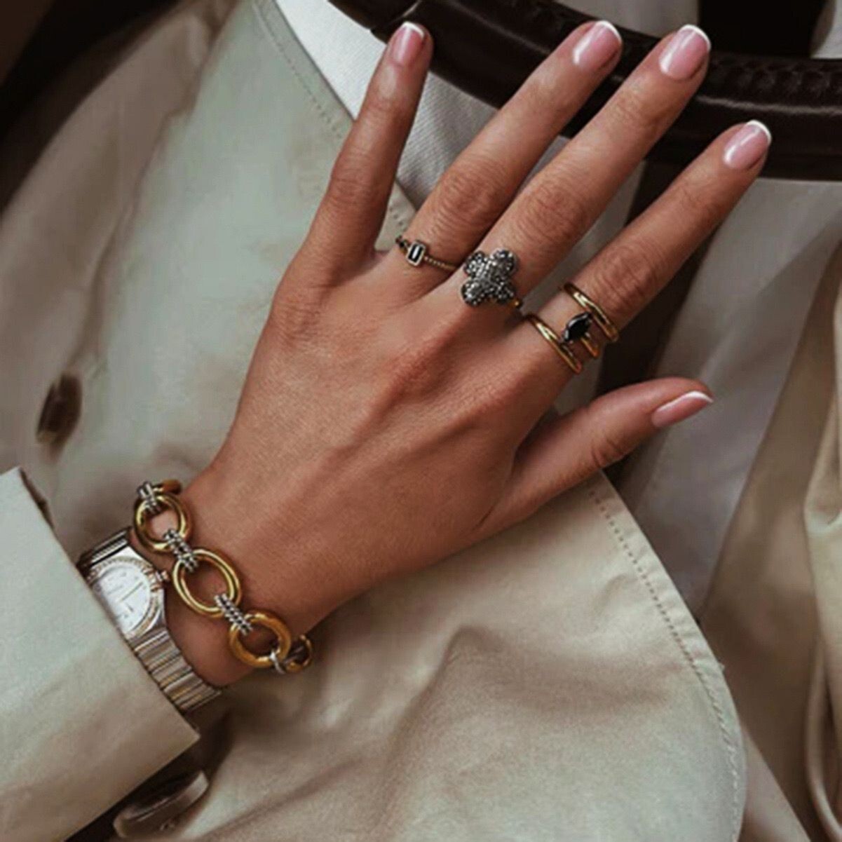 Woman 18K Gold Plated Silver and Gold Rolo Link Chain Bracelet Bangle 9 in