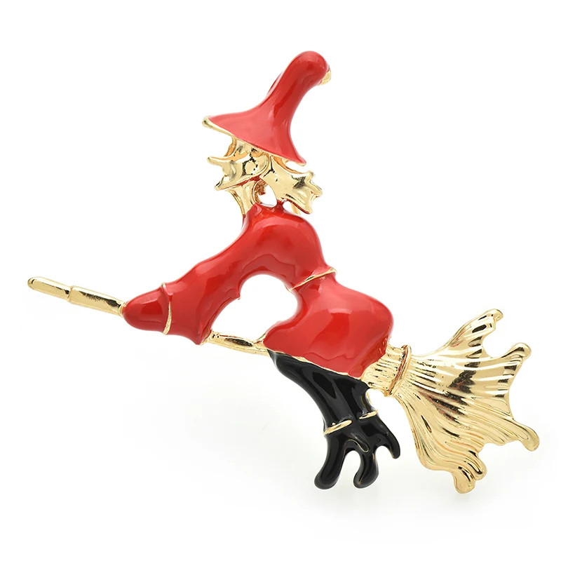 Red Gold Tone Halloween Witch Enamel Brooch Pin –Broomstick Costume Jewelry Gift