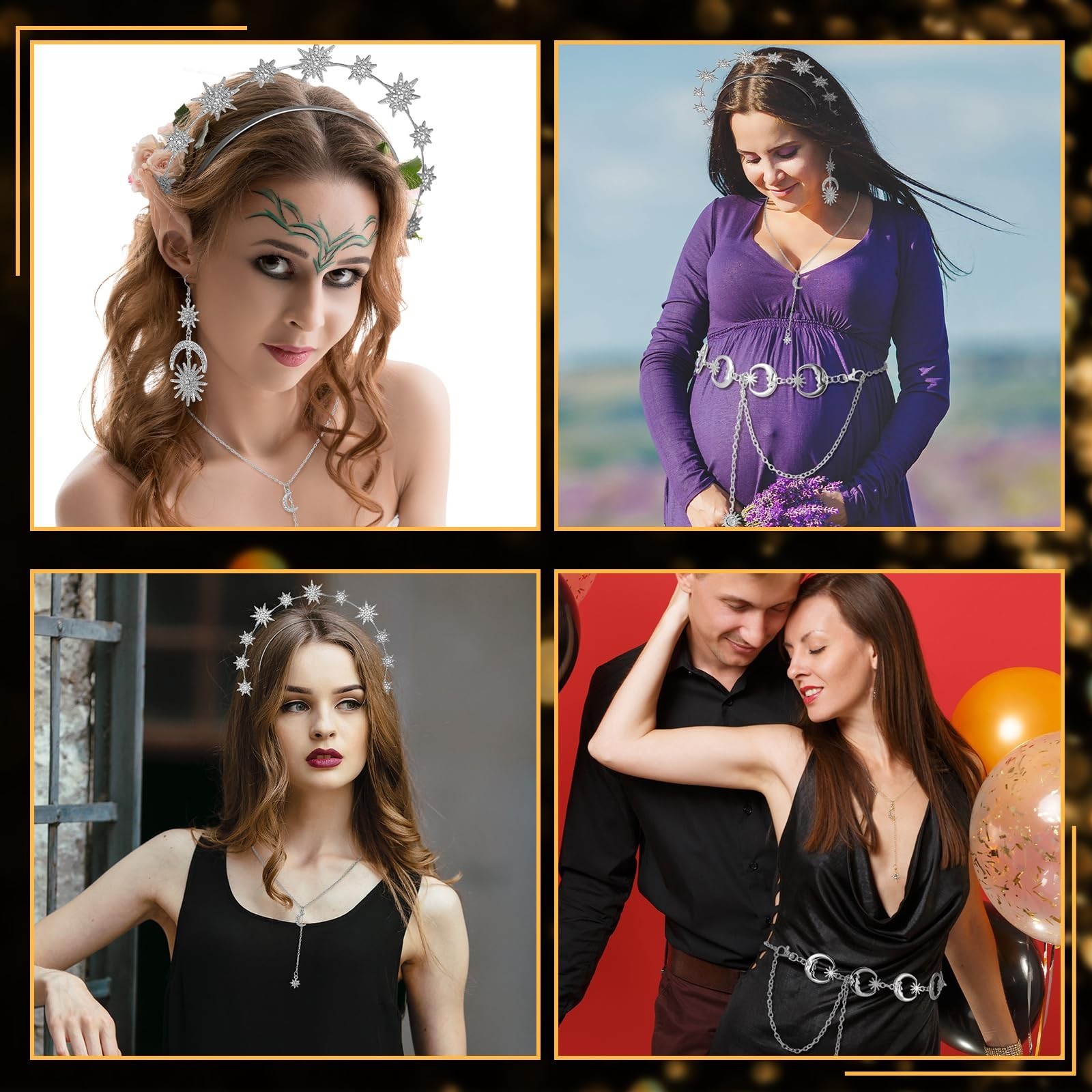 6 Pcs Celestial Crown Moon Star Headband & Earrings Set for Bride Wedding Costum