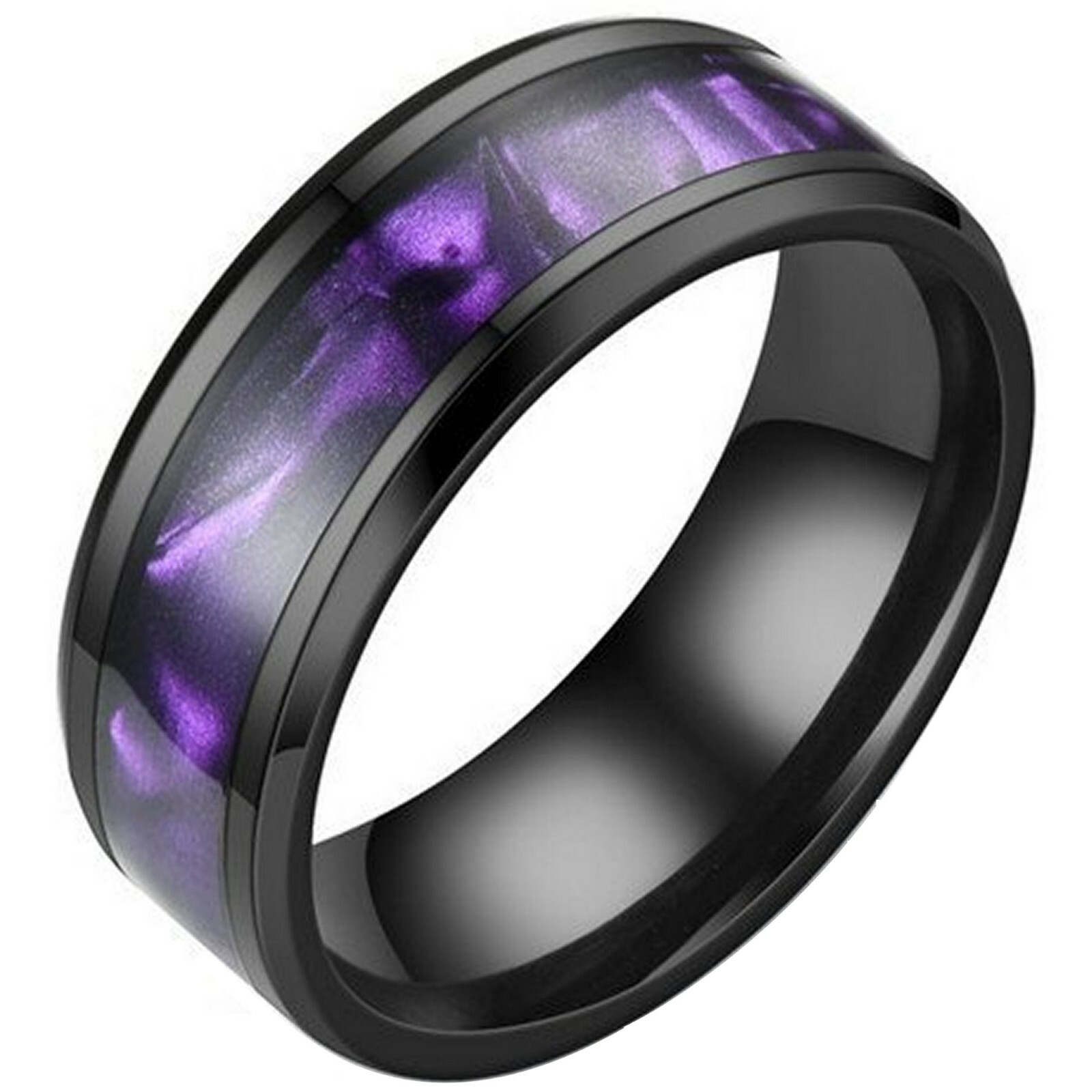 Synthetic Amethyst Ring Black Stainless Steel Purple Wedding Band Mens Womens