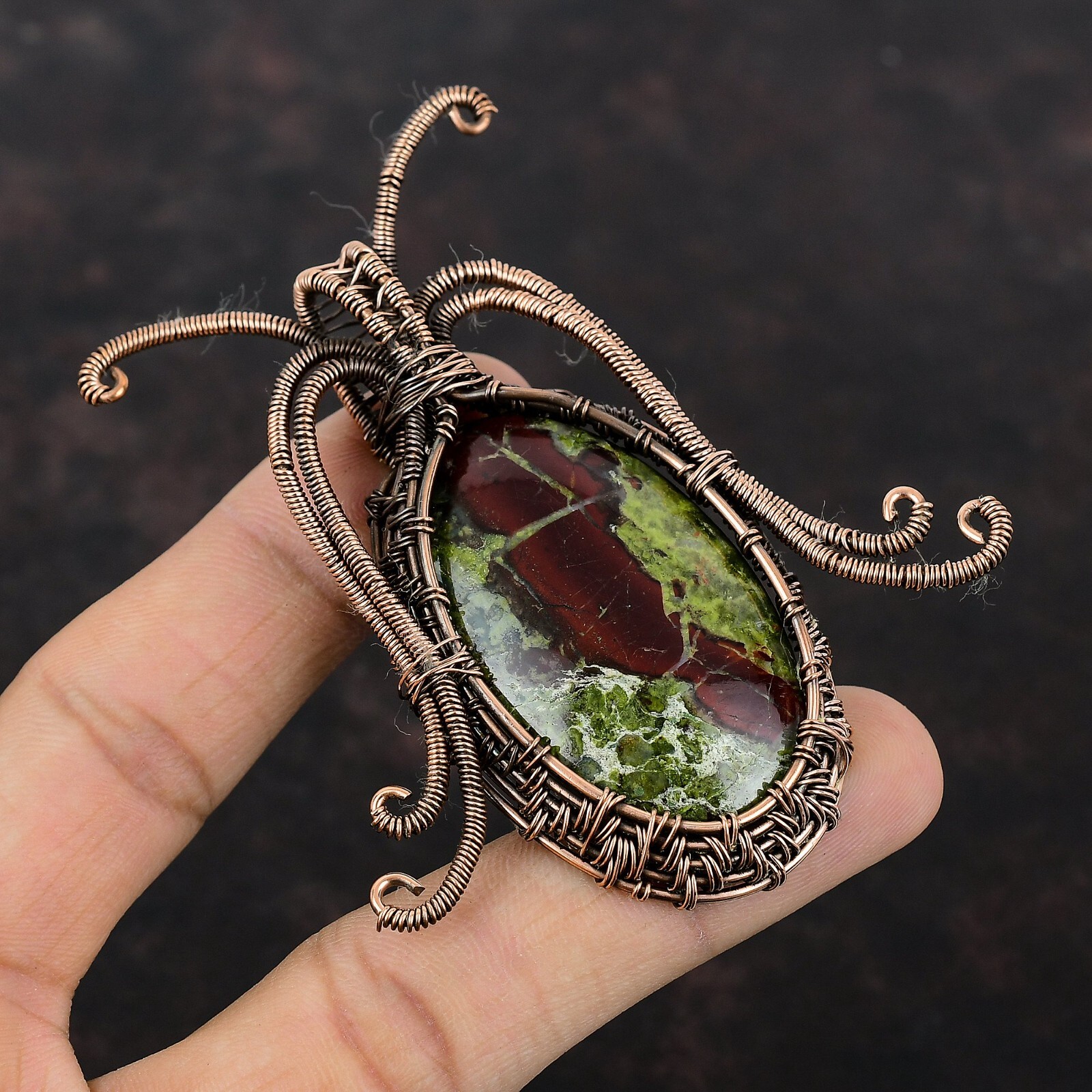 Dragon Bloodstone Wire Wrapped Pendant Handcrafted Copper Valentine Gift 2.99″
