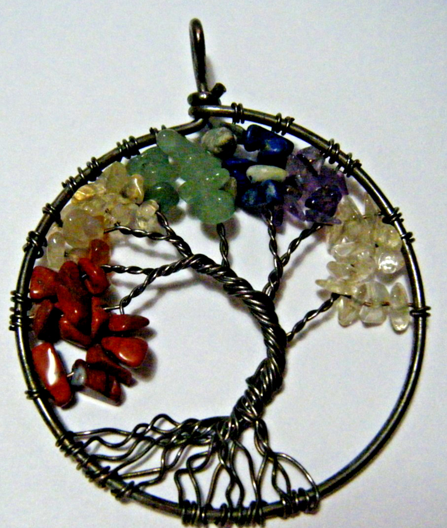 Pendant Tree of Life 7 chakra Multi Gemstone Handmade Copper Wire 2 ” diam.