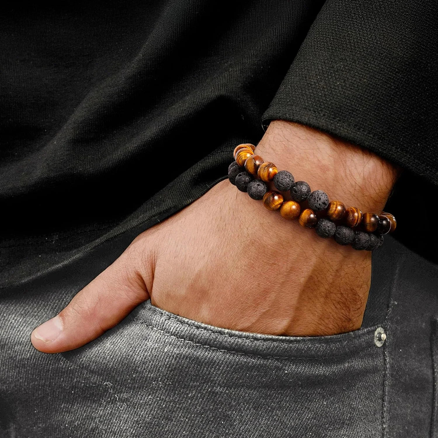 M MOOHAM Mens Bracelet – Beaded Natural Stone 8mm Tiger Eye Matte Agate Lava Roc