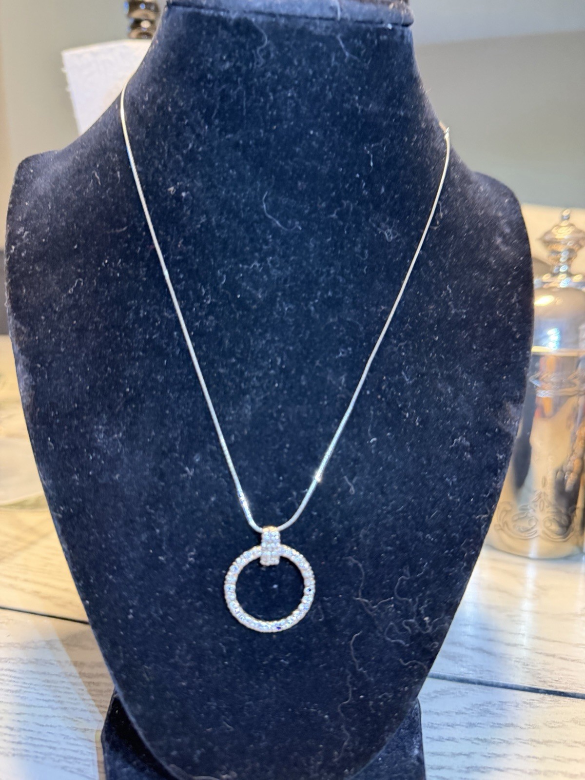 Sterling Silver 925 Box Chain Necklace w/ Pavé Circle White CZ Pendant Italy