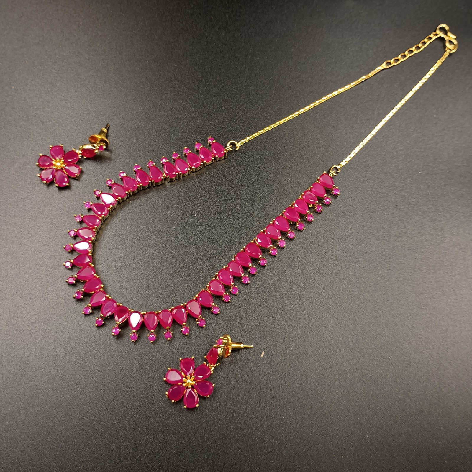 Vintage Ruby Necklace Set 22K Gold Plated Boho Bridal Anniversary Birthstone Gif