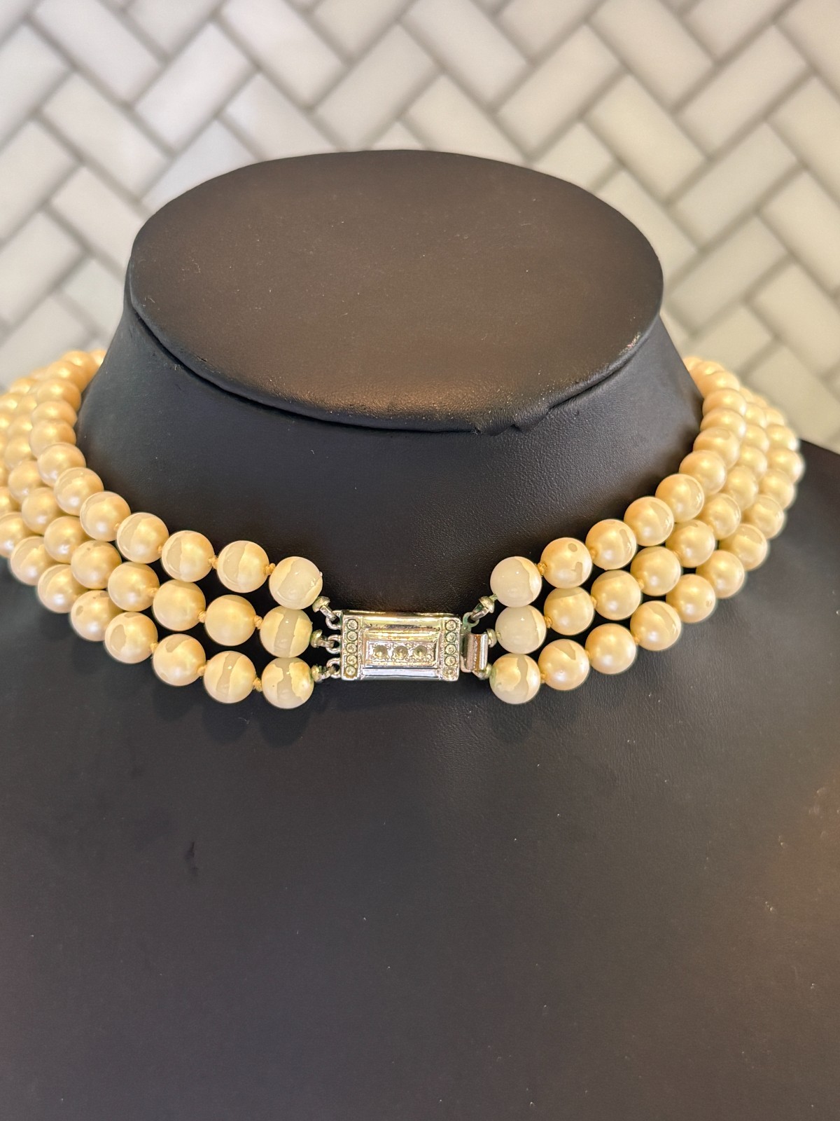 CAROLEE Triple Strand Hand Knotted Pearl Like Choker Necklace 16″