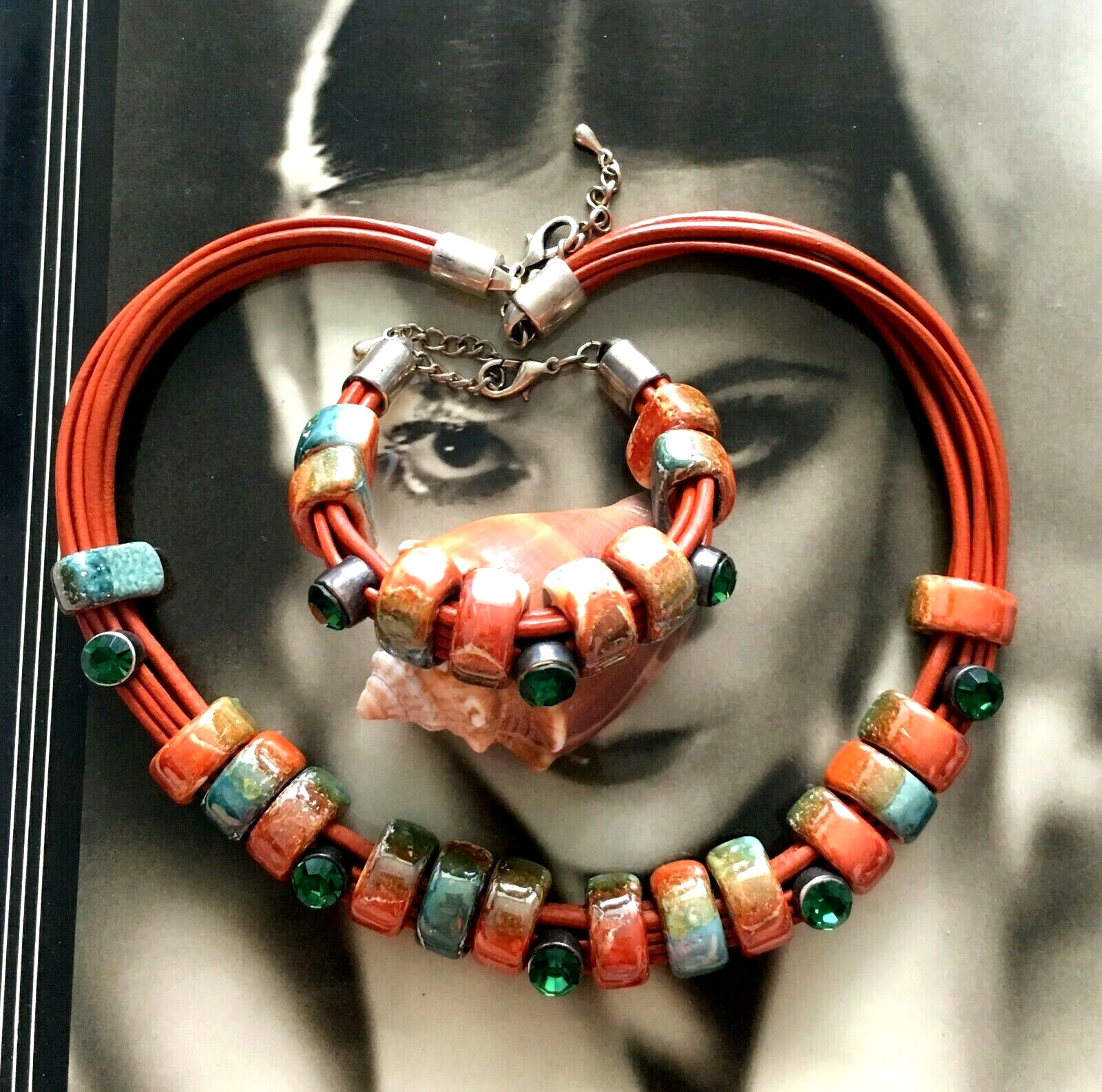 ✨SET Necklace + Bracelet LOT Silver Ceramic Beads Swarovski Element Leather $200