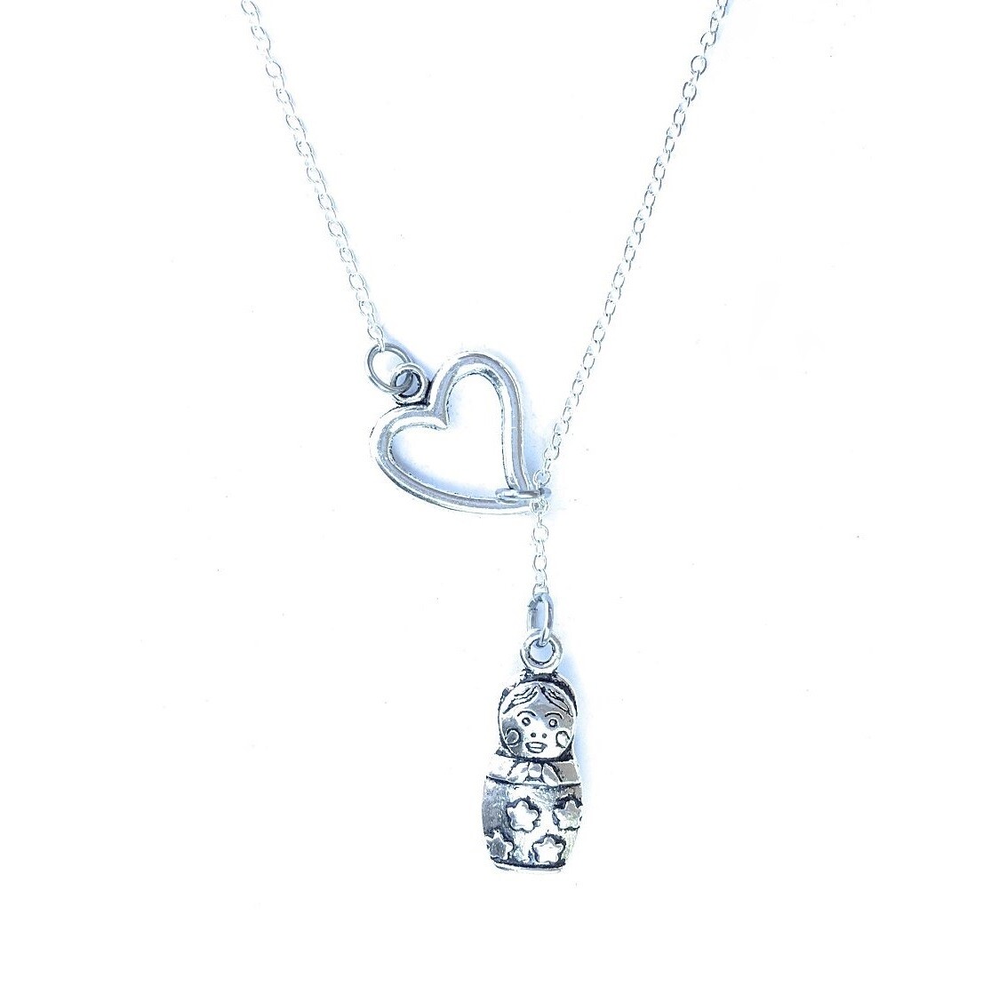 Russian Matryoshka Doll Silver Lariat Y Necklace.