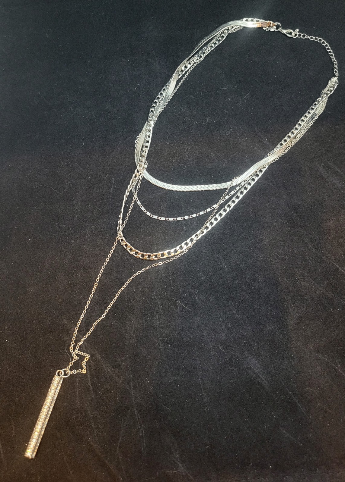 Silvertone Multi-Strand Layered Necklace w/Vertical Drop Pendant~18″-30″ L