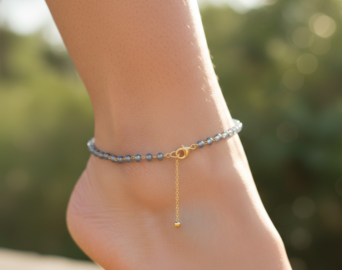 Elegant Minimalist Beaded Boho Anklet Sapphire Blue Stone Gold Color Plated