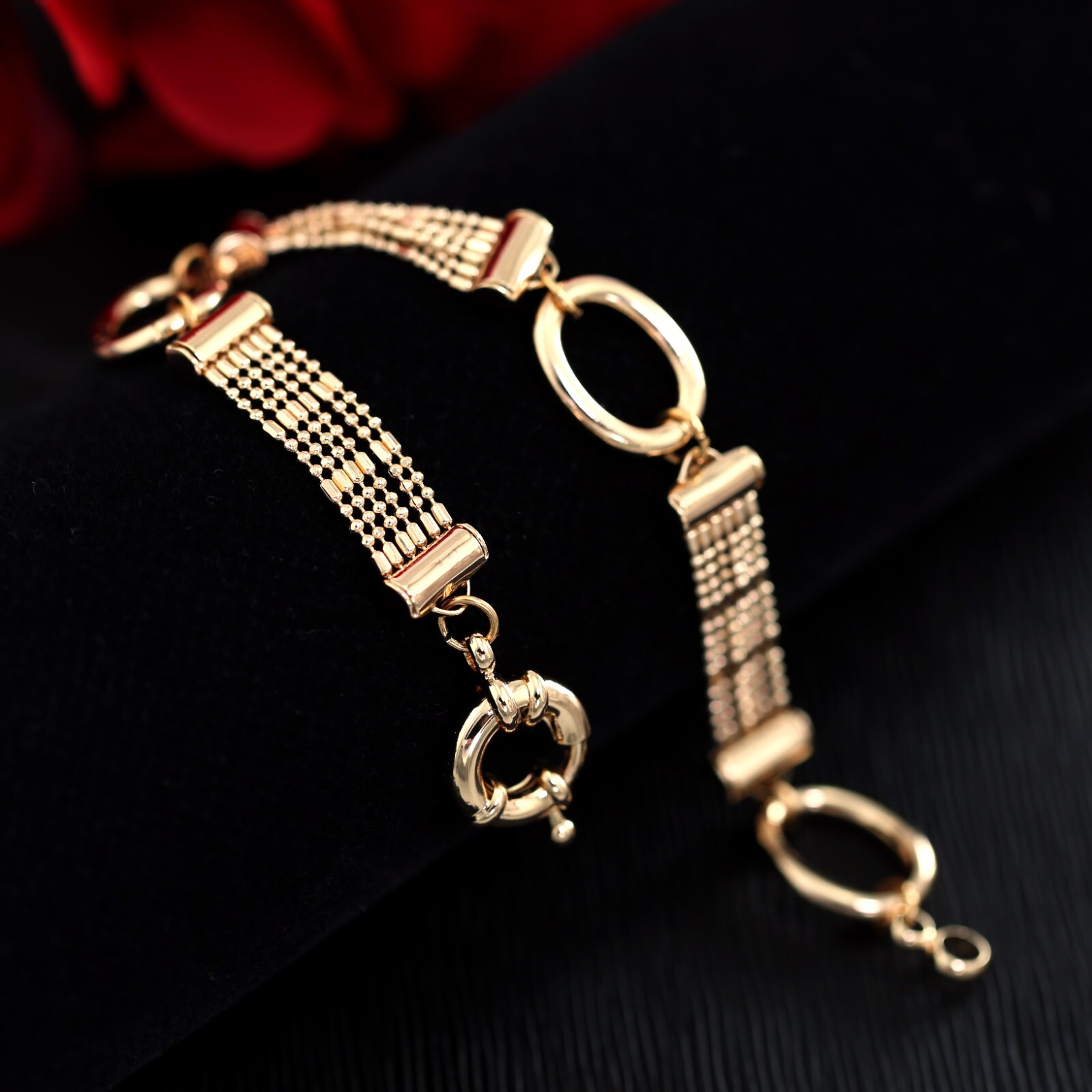 18K ROSE GOLD FILLED MULTI BEADED O LINKS CHAIN BOLT RING BANGLE BRACELET 18.5CM