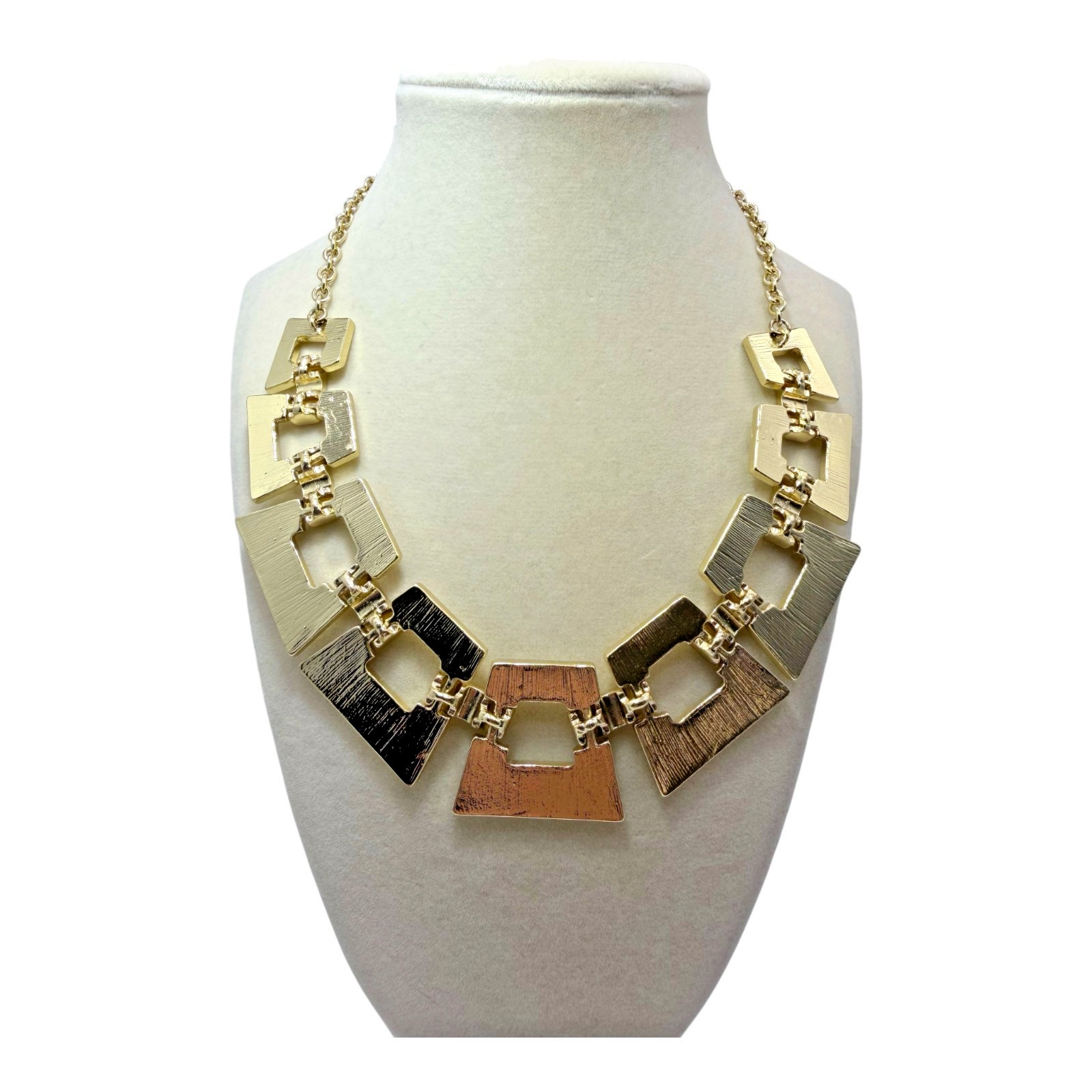 NOS Vintage Style Off-White Enamel Geometric Statement Necklace Gold Tone