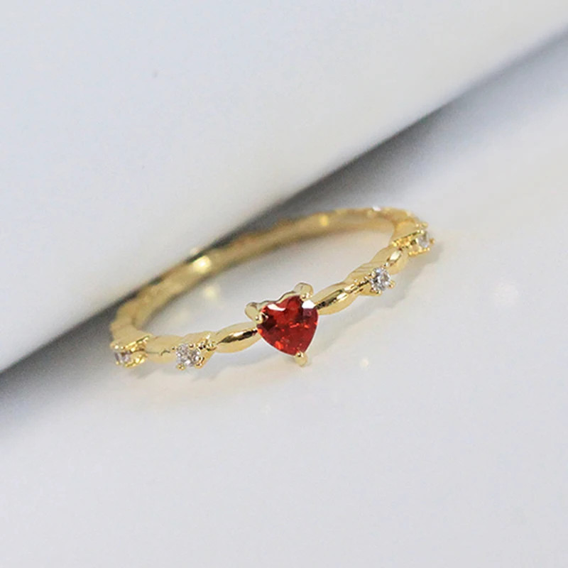 Gold Tone Red Heart Ring Women Cubic Zircon Classic Wedding Modern Band Jewelry