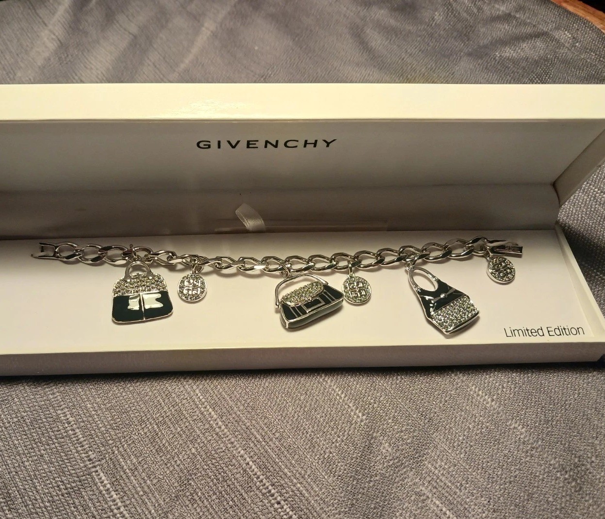 Givenchy Limited Edition Silver Tone Charm Bracelet Swarovski Crystals NEW
