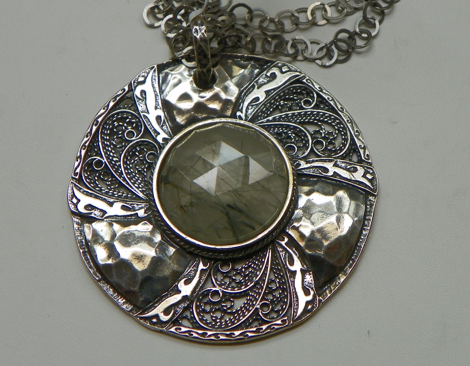 Sterling Silver – Green Rutilated Quartz Disc Chain 30g – Necklace (20″)