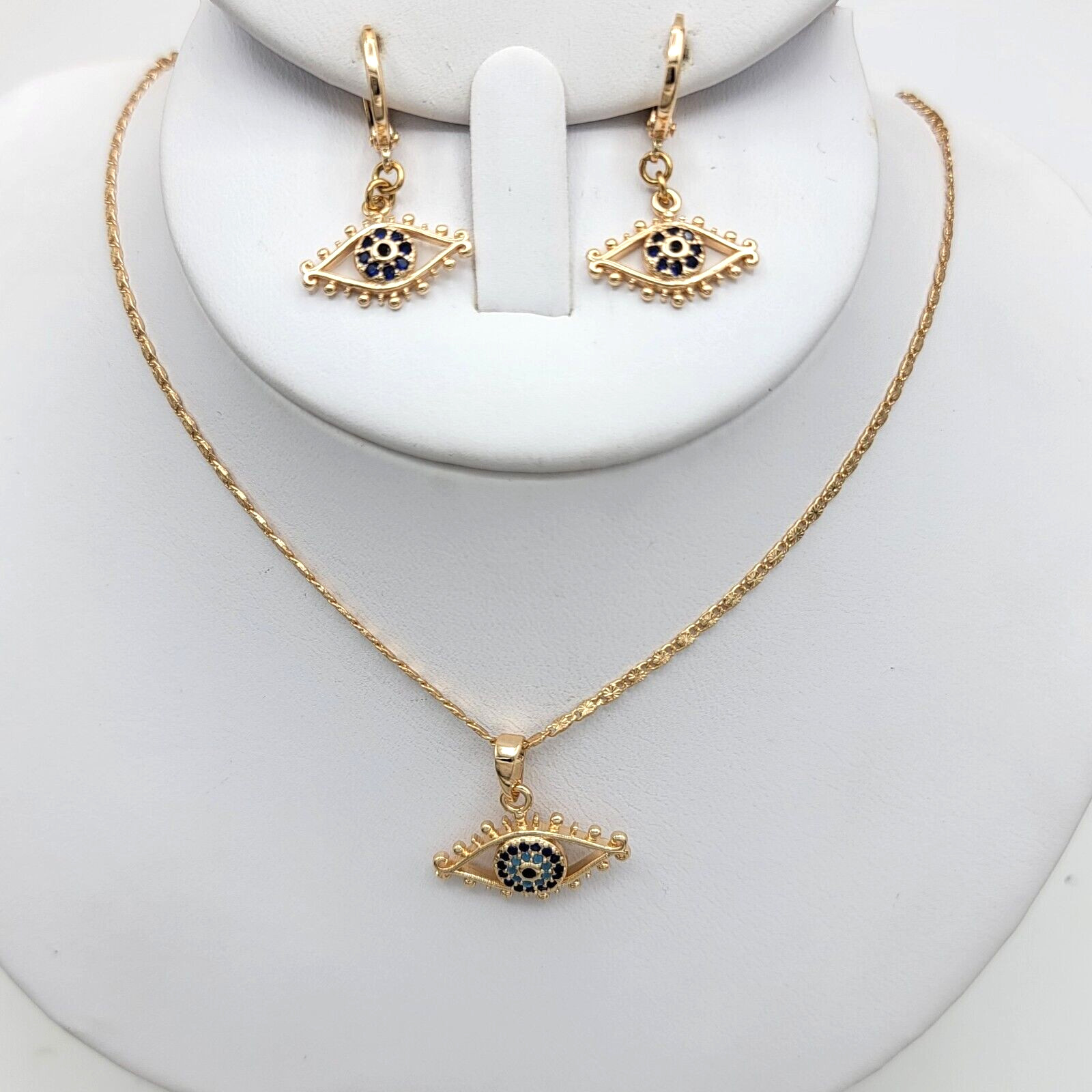 18K Gold Plated Blue Crystals Evil Eye Set Pendant Chain Earrings. Good Luck