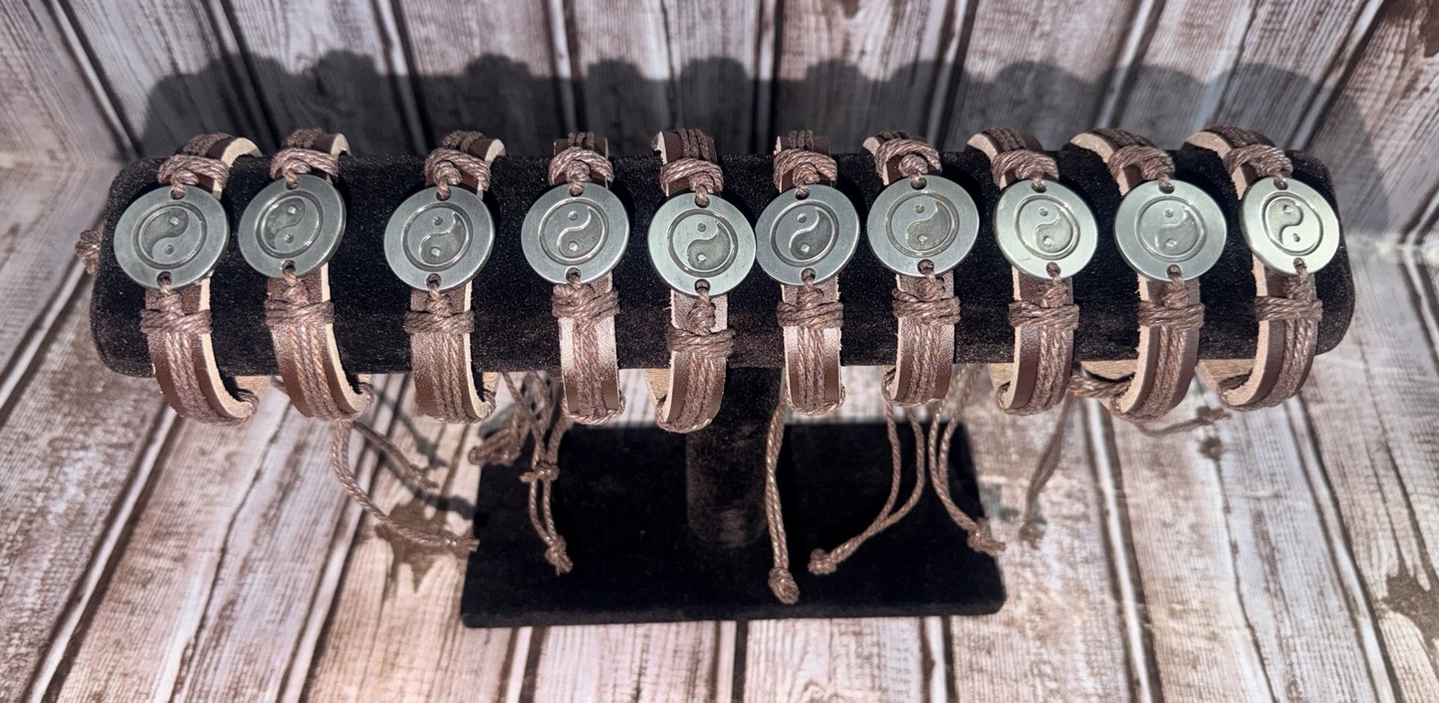 Lot of 10 Yin Yang Leather Cord Bracelet Adjustable Brown Boho Surfer Unisex