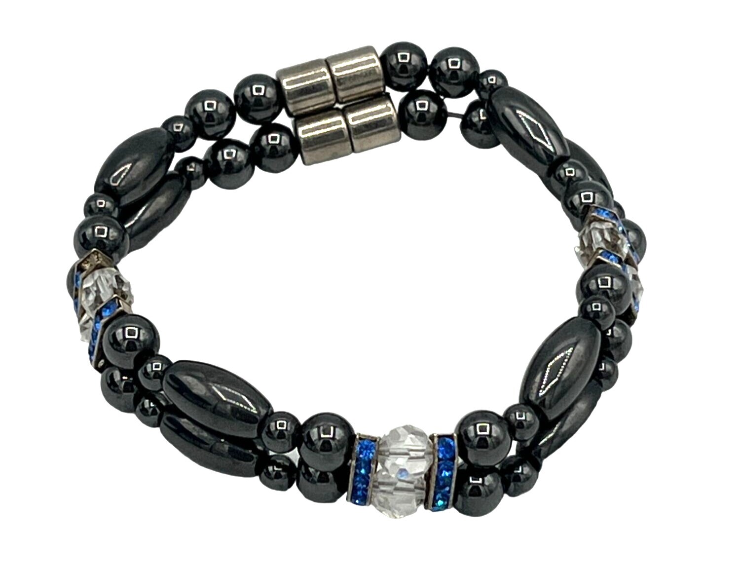 Hematite Crystal Beaded Stretch Bracelet Blue Accent Stones Magnetic Clasp 6 In