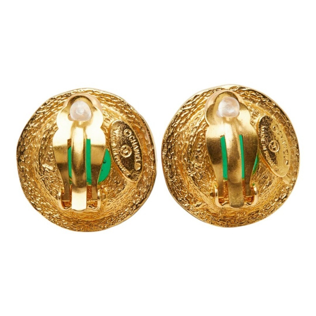 CHANEL Vintage Logo Gripoix Green Cabochon Gold Plated Clip On Earrings