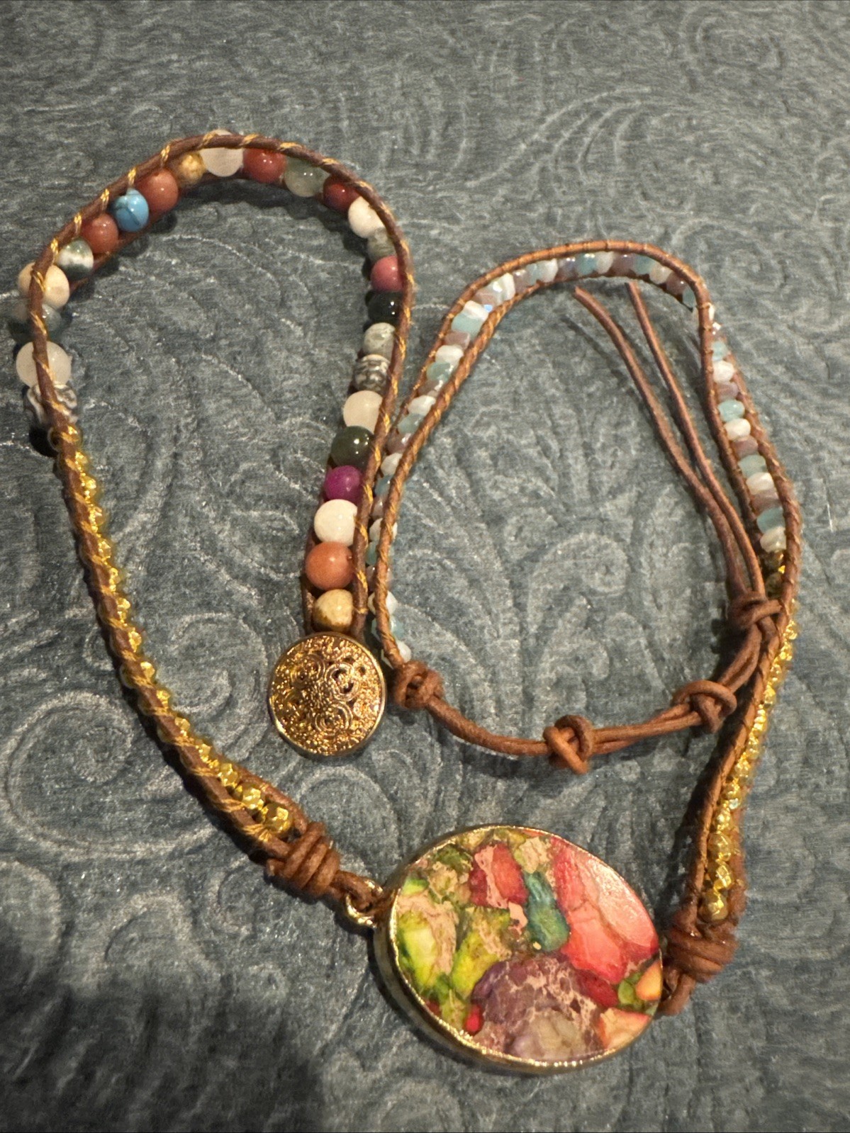 Leather And Mixed Stone Wrap Gold Tone Wrap Bracelet