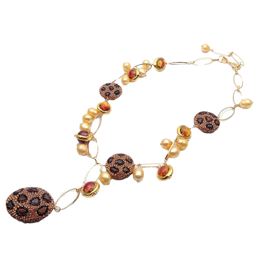 9x11mm Freshwater Gold Rice Pearl 16m Murano Glass Tiger Eye Bead Necklace