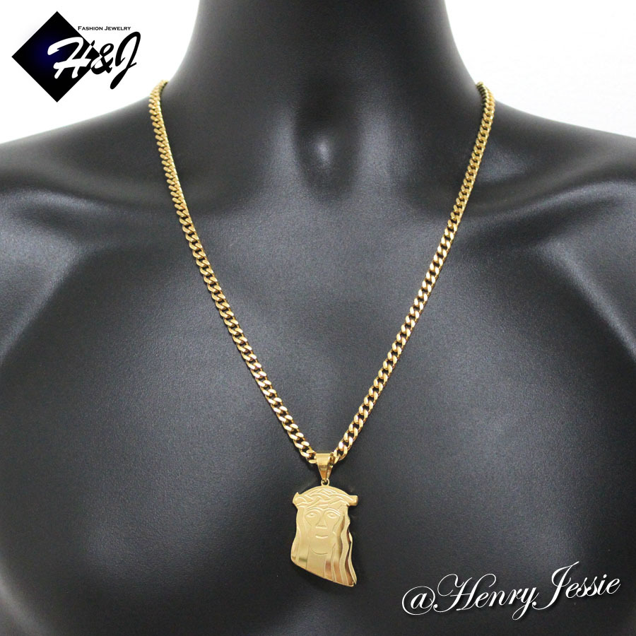 18″-36″Stainless Steel 5mm Gold Plated Cuban Curb Chain JESUS FACE Pendant*J47
