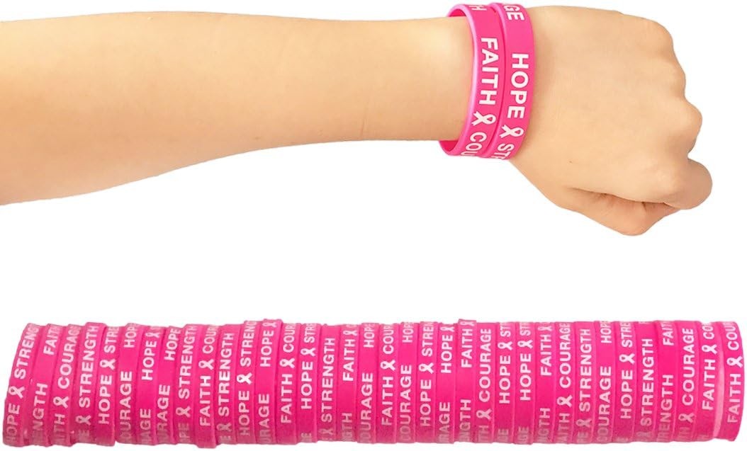 48 Pcs Breast Cancer Awareness Pink Ribbon Bracelets Rubber Wristbands Strength