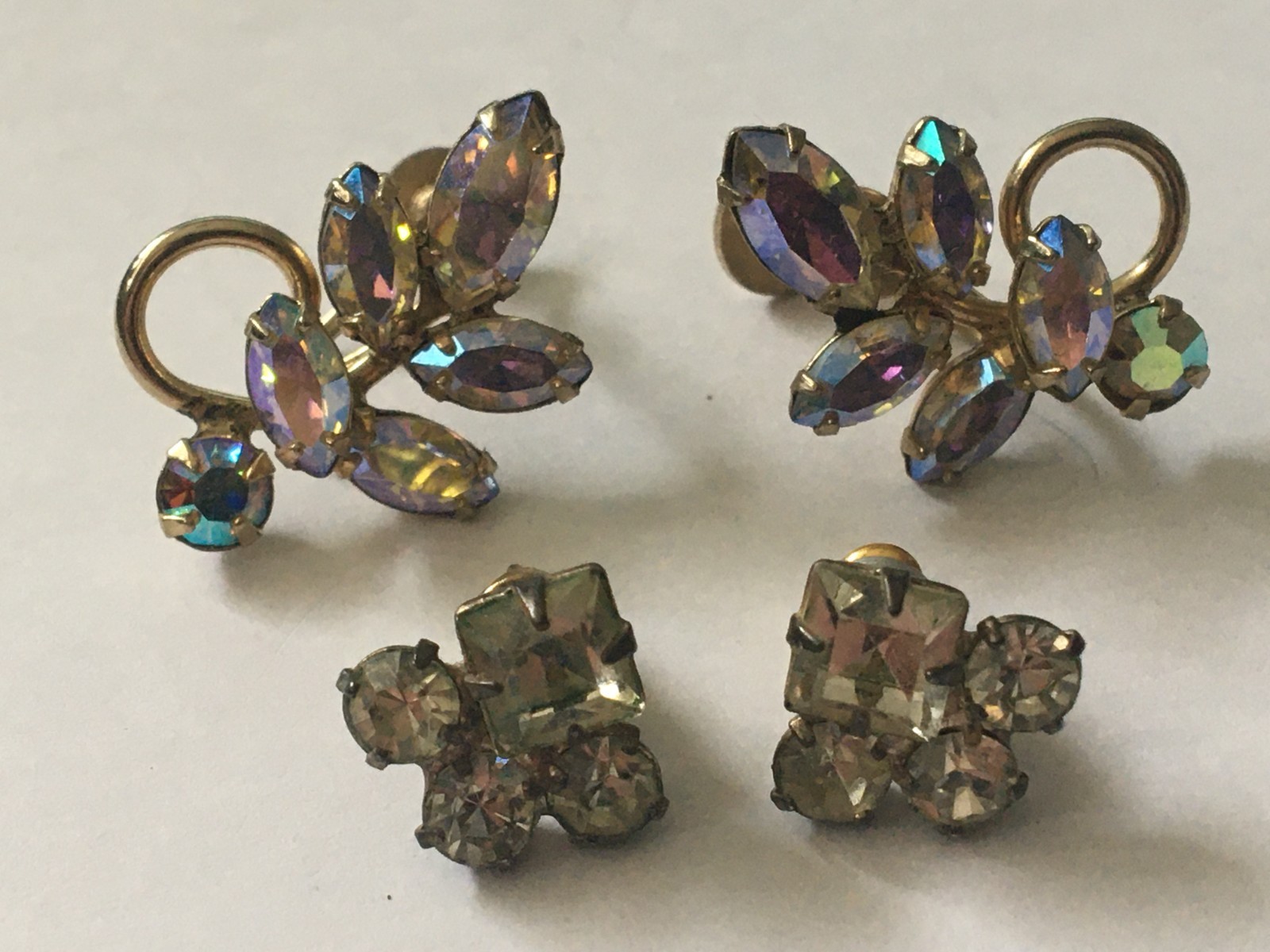 Vintage Sherman Screwback Earrings AuroraBorealis Stones + Pierced Earring 1950s