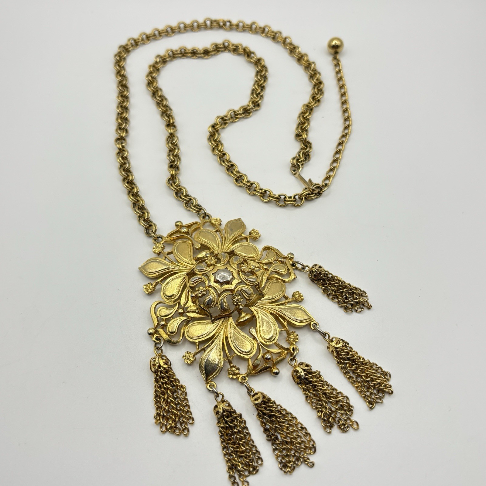 Vintage Gold Tone Chain Fringe Tassel Statement Necklace 24” + Pendant