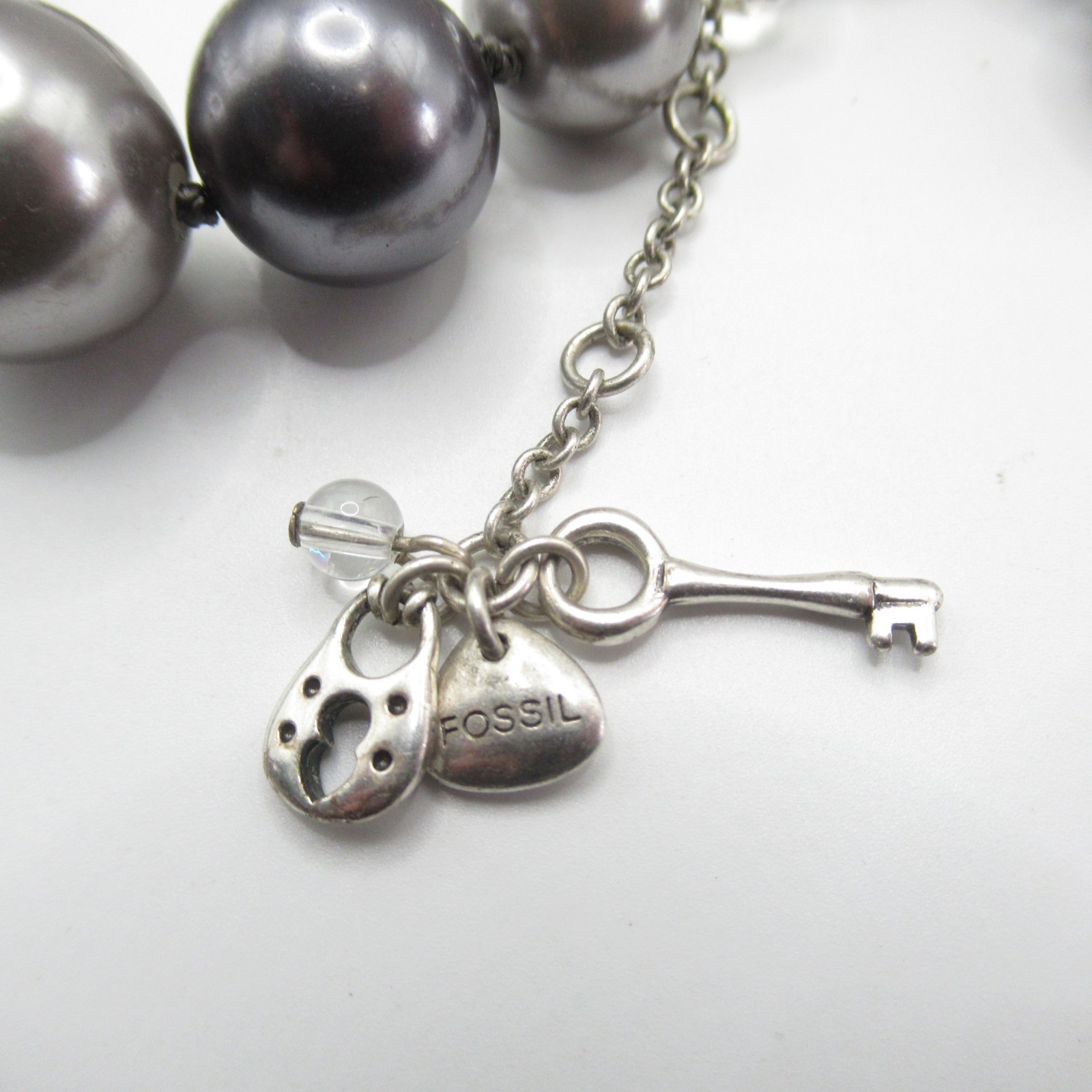 Fossil Necklace Long Stylish Beaded Silver Black Gray Colors Some Crystal Accent
