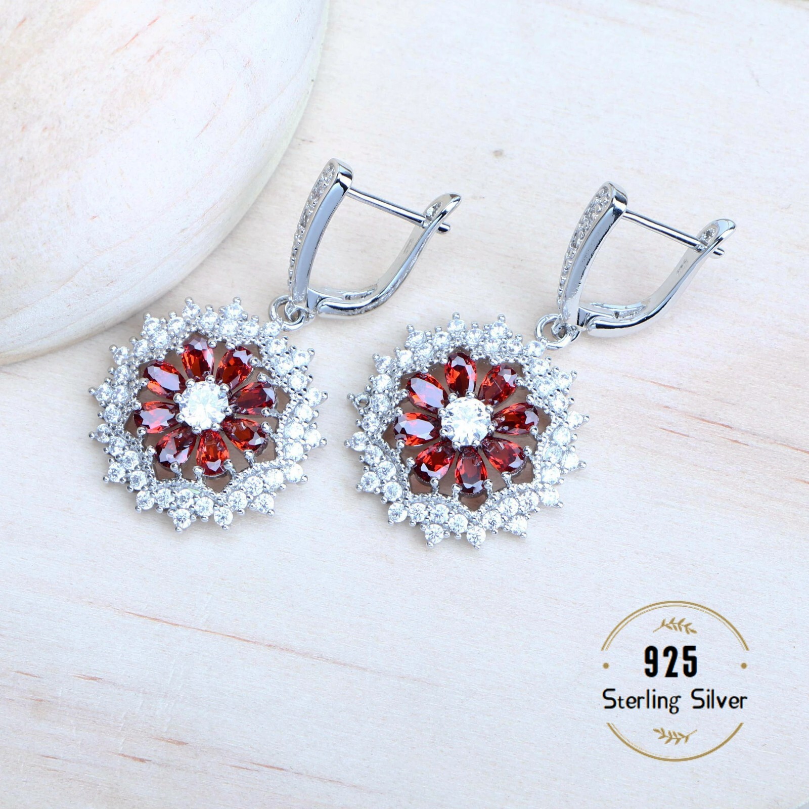 925 Silver CZ Red Garnet Ring Earrings Bracelet Pendant Necklace Set