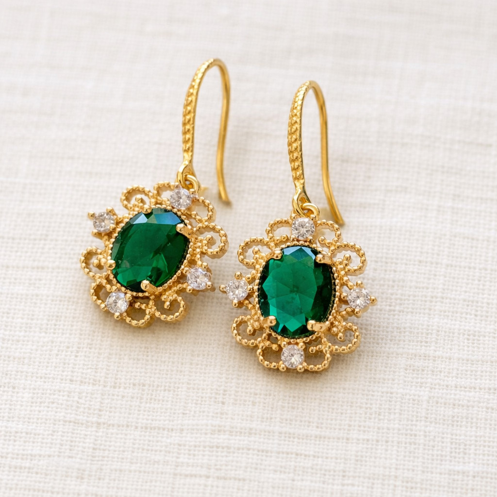 Regency Gold Plated Emerald Green Drop Earrings Vintage Bridal Jewelry Elegant