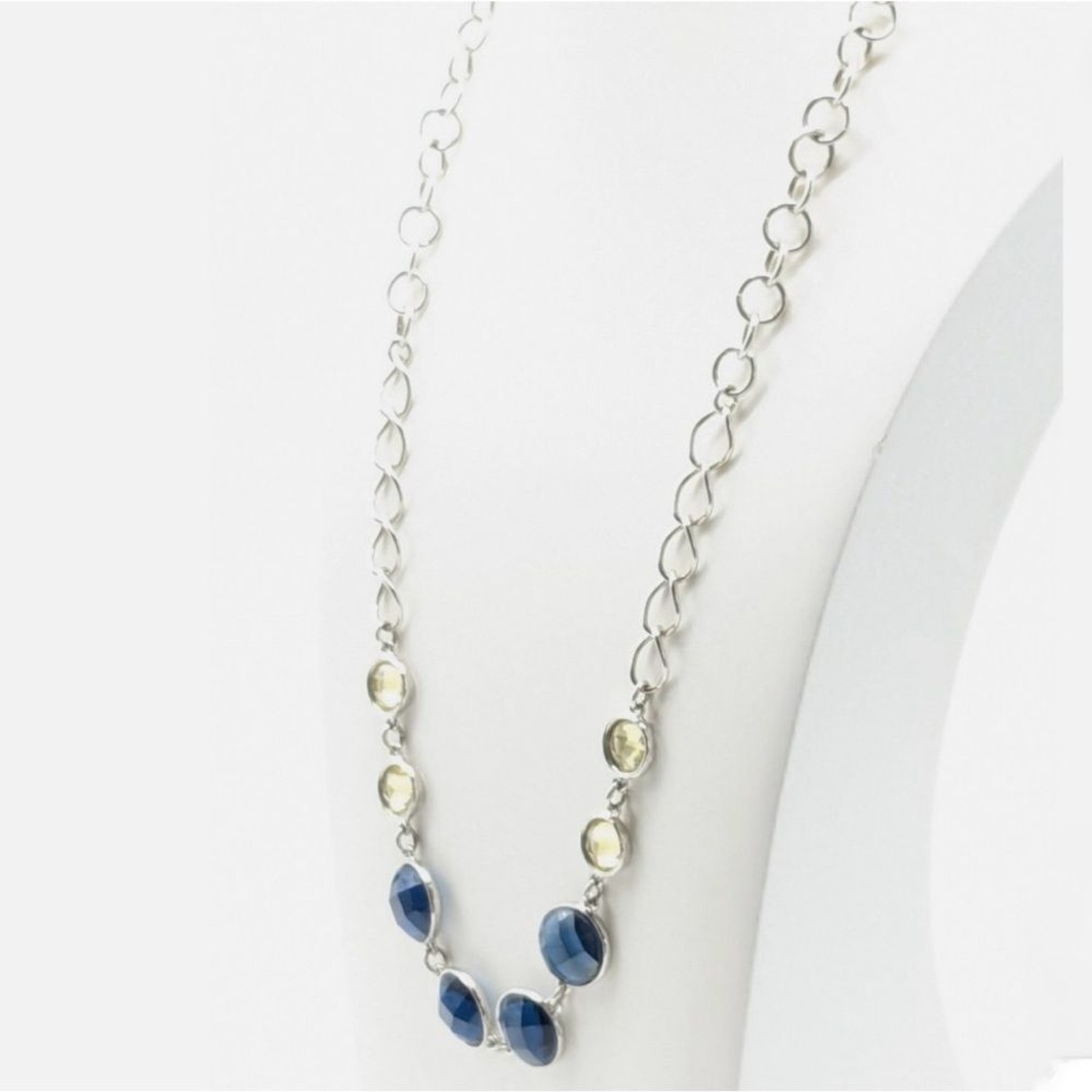 Chico’s Bezel 26″ Silver Tone Blue and Yellow Rhinestone Necklace