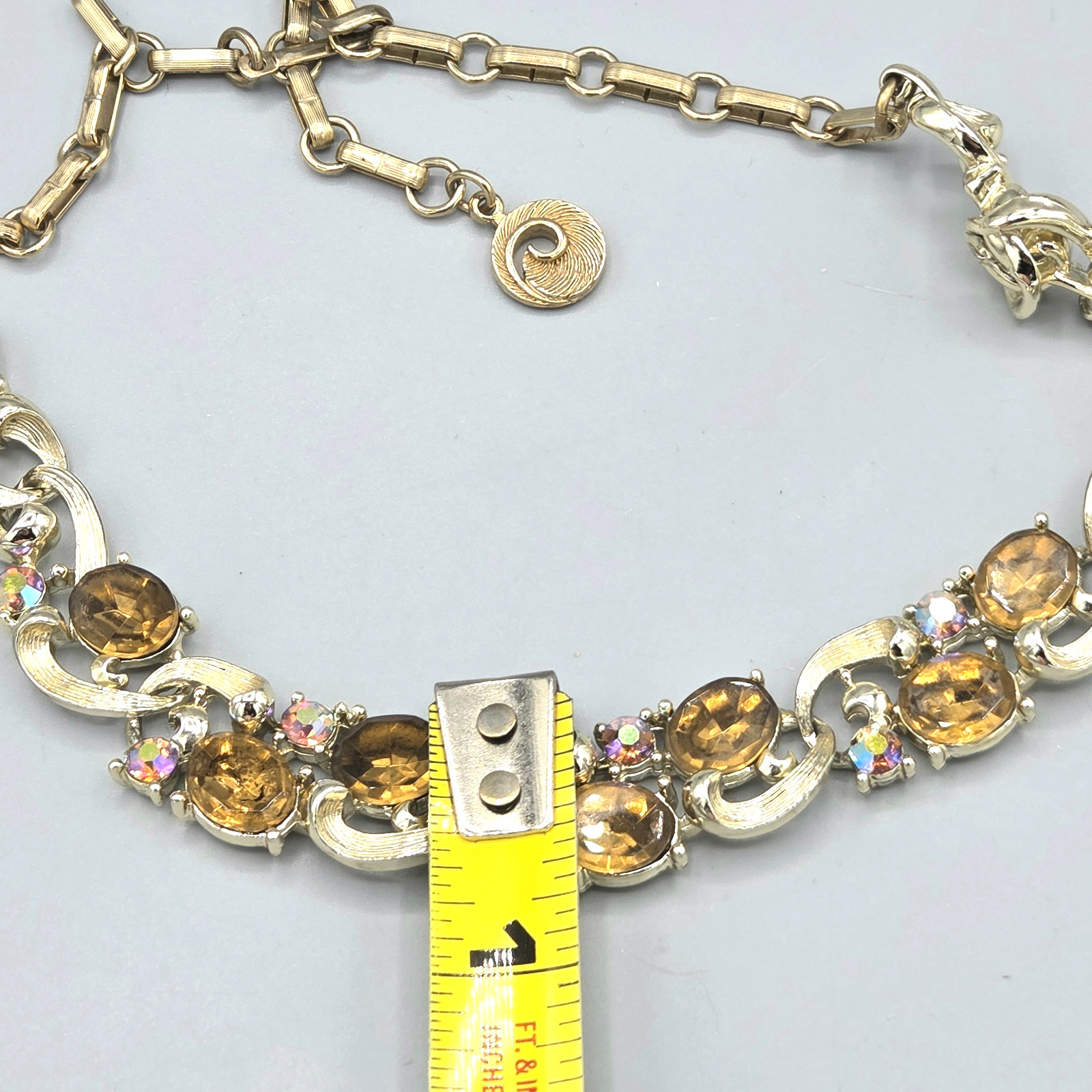 Vintage Lisner Signed Topaz & AB Rhinestone Gold Tone Necklace 16″ Clip Earrings