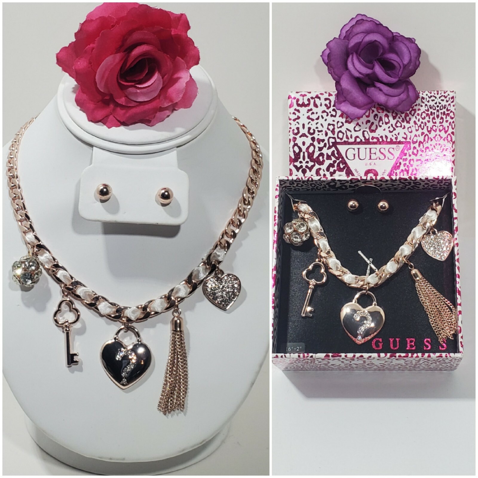 VTG GUESS Charm Necklace Stud Earring Set Rose Gold-Tone Rhinestone