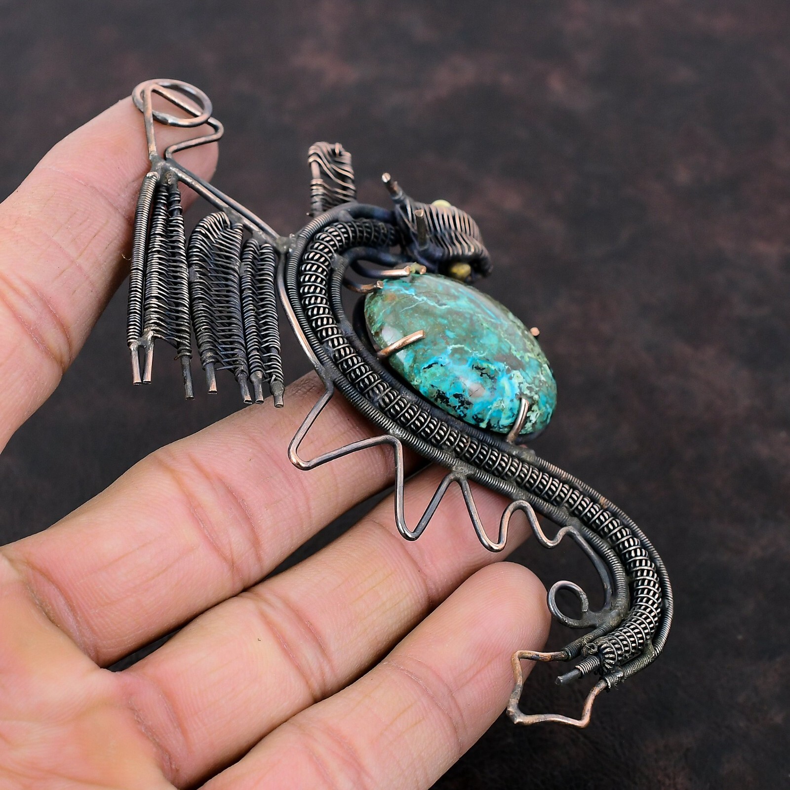 Shattuckite Gemstone Jewelry Copper Wire Wrapped Dragon Pendant For Women 4.41″