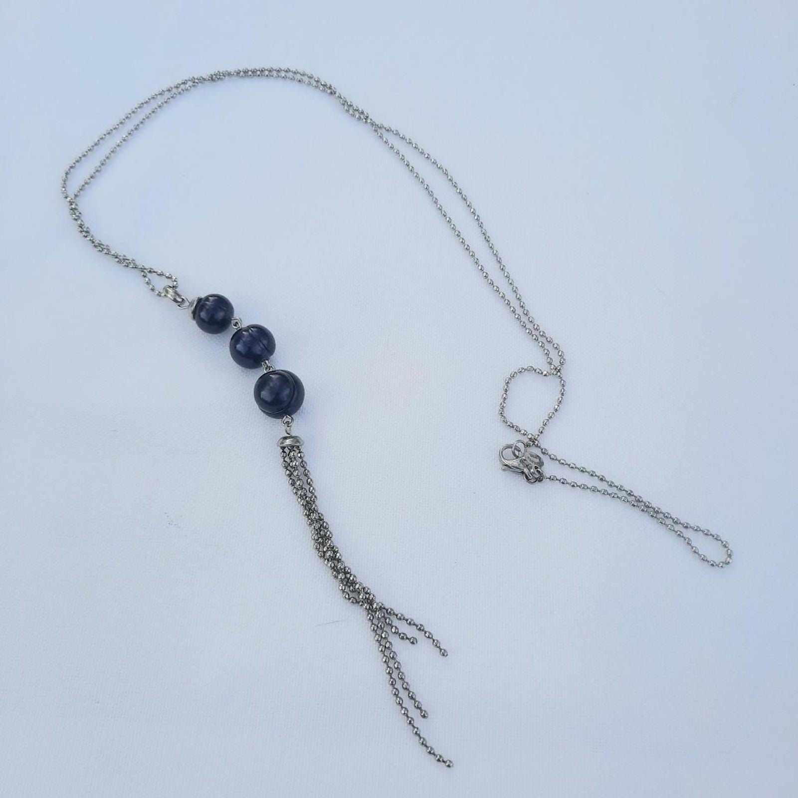 Vintage Stainless steel Black pearl tassel necklace, 24 in plus 4 inch dangle