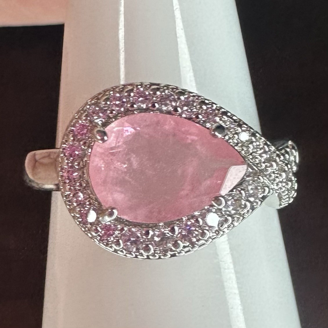 Bomb Party Ring- 2100- Treated Genuine Quartz/Rose- Size 7- Rhodium Plated