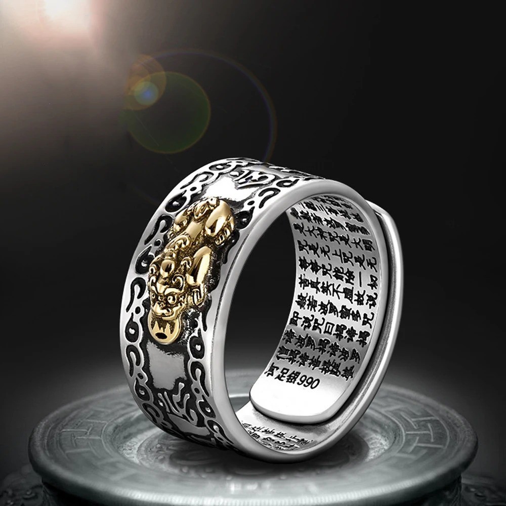 Feng Shui Pixiu Mantra Ring Lucky Amulet Adjustable Ring for Men Women Gift