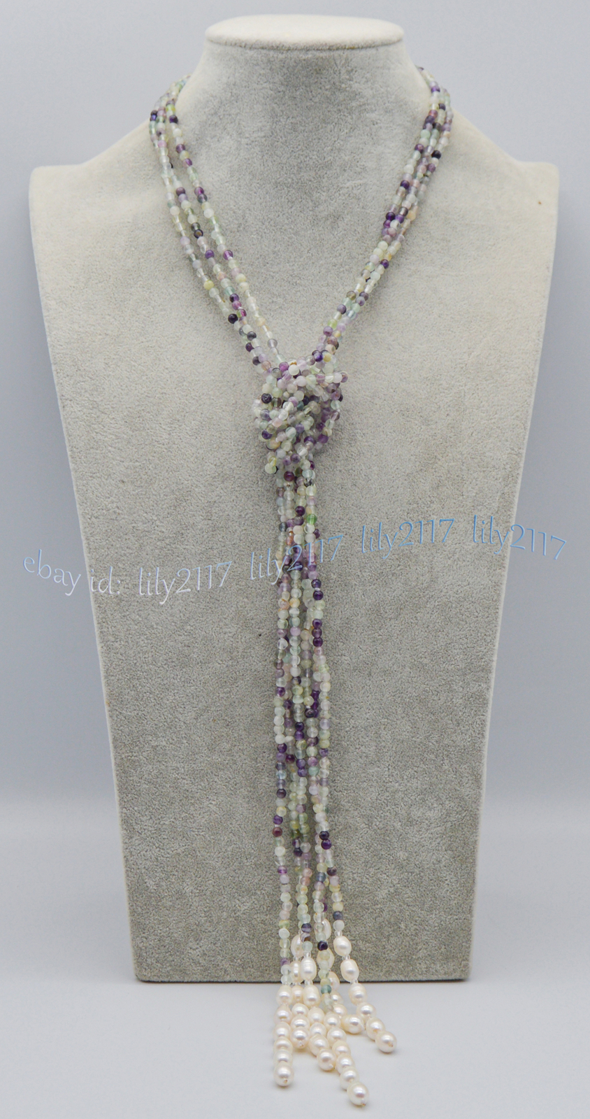 3 Strands 4mm Multicolor Fluorite White Freshwater Rice Pearl Lariat Necklace